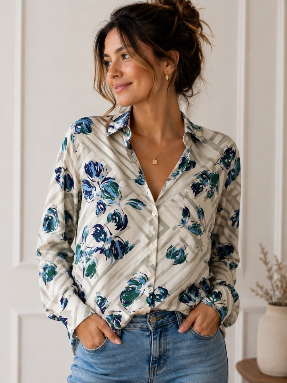 Banana Republic Cream Button-Down Blouse with Blue and Green Floral Print